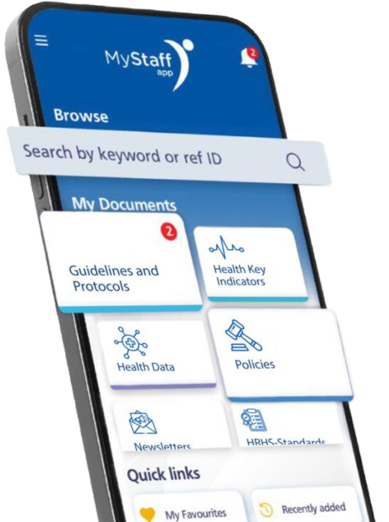 The MyStaff app on a phone, showing search and the staff member's own guidelines, protocols and policies